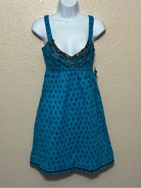 Angie Teal & Black Print Dress with Ruffles & Metal Accents at Neckline
